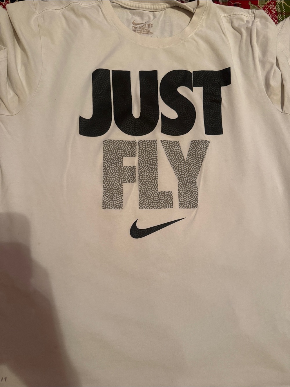 Nike White Tee with Black "JUST FLY" Graphic SMALL STAINS ON THE BACK CHECK PICS